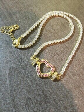 Gold-Filled Moissanite Pink Pave Heart Tennis Necklace 💕✨